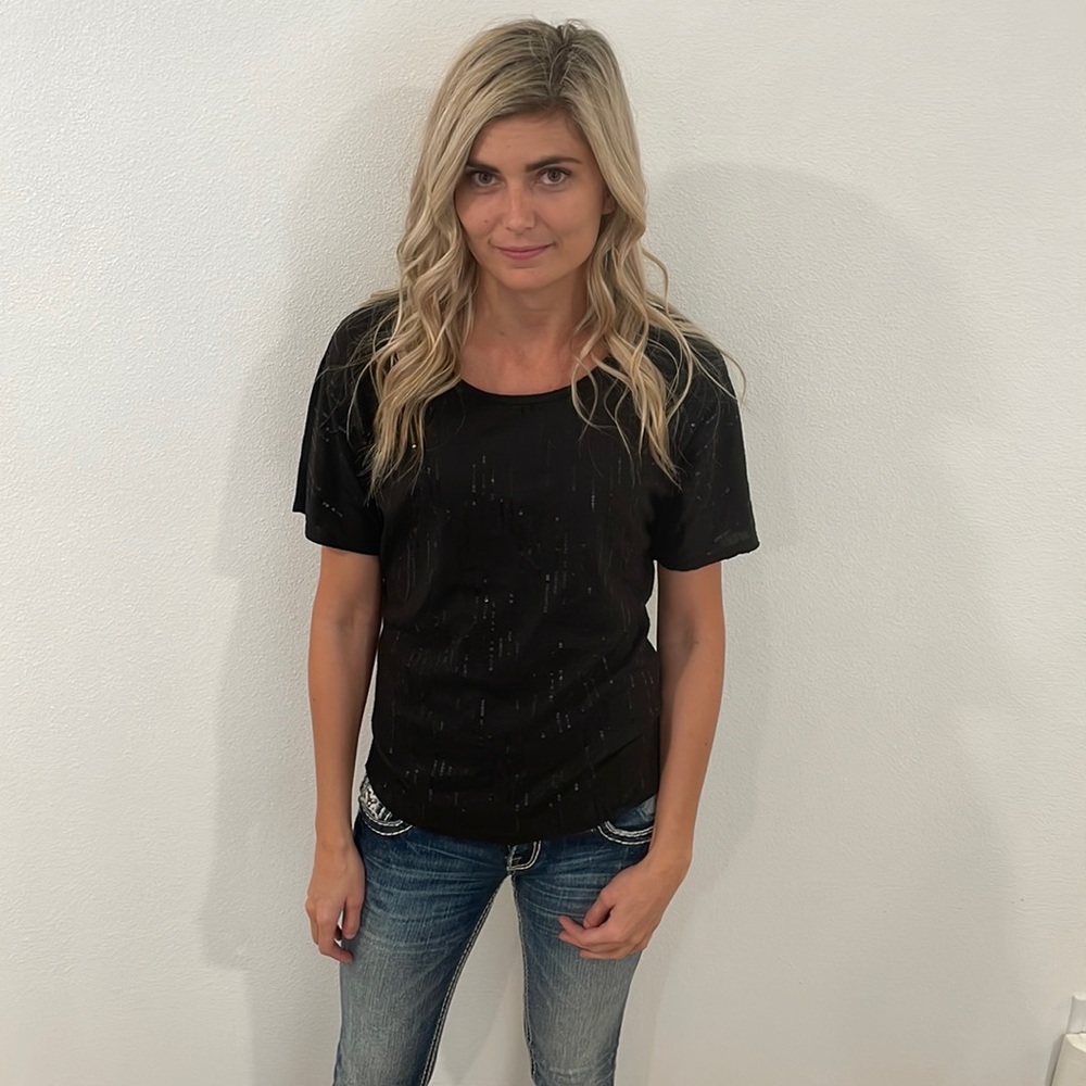 Black Short Sleeve Sequin Top - Size Small
